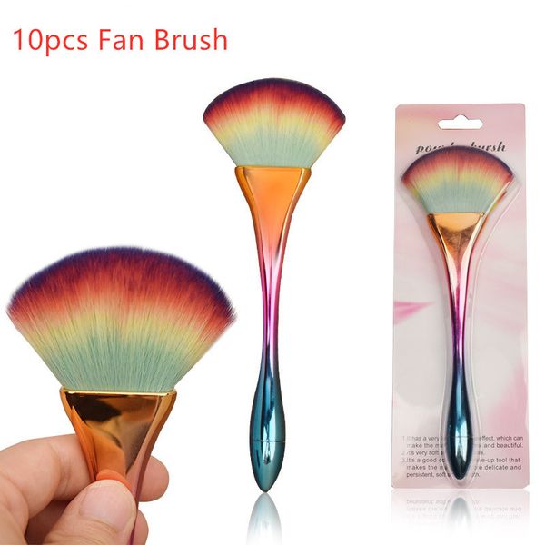 

makeup brushes professional brush 10pcs/lot fan-shaped powder make up with rainbow color ferrule cosmetic set kit