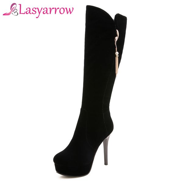 

lasyarrow knee high boots for women high heels platform round toe stiletto boots solid black botas mujer tassel knight