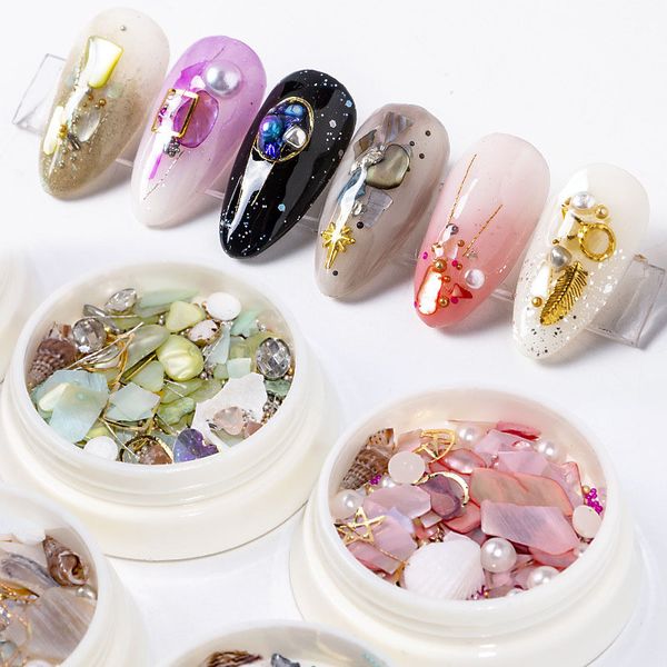 

nail art decorations hytoos 6 boxes/set shell pearl sequin mixed color rhinestones jewelry manicure accessories tool, Silver;gold