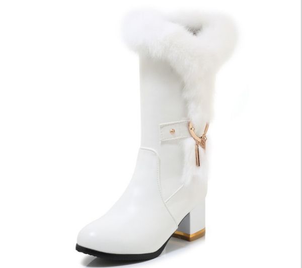 

new winter long women's boots waterproof leather boots metal decoration round toe fur high heels size 34-43, Black