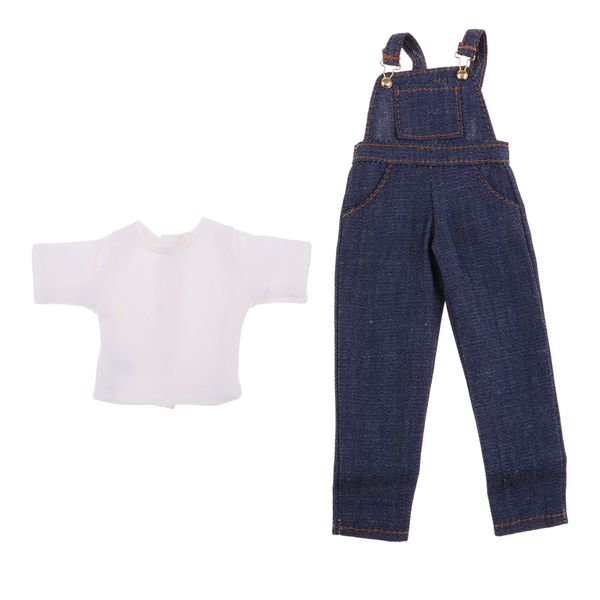 

cute two-piece outfits denim strap trousers and t-shirt for 1/6 dolls