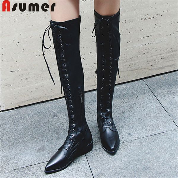 

boots asumer 2021 women shoes 34-42 genuine leather lace up zipper over high knee round toe autumn, Black