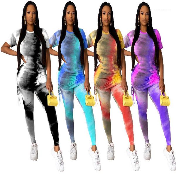 

print designer tracksuits female clothes slim women summer 2pcs suits stacked pencil pants clothing sets, White