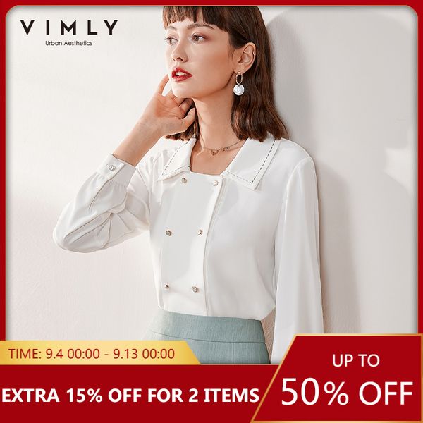 

women's blouses & shirts vimly office lady elegant blouse fashion turn down collar solid double breasted chiffon autumn blusas feminina, White