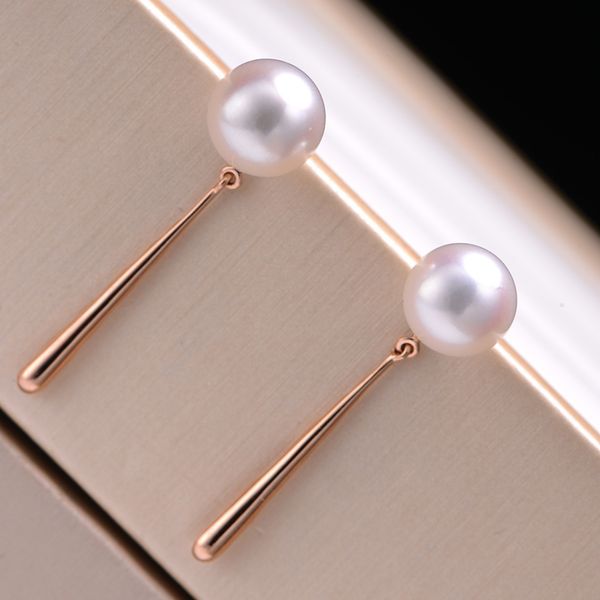 

sinya au750 gold 18k drop earring with 8.5-9 mm natural round high luster pearls golden stick design for ladies mother women new, Silver