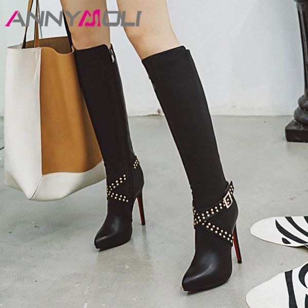 

annymoli winter long boots women boots buckle stiletto high heels knee high rivets zipper shoes female autumn big size 43, Black