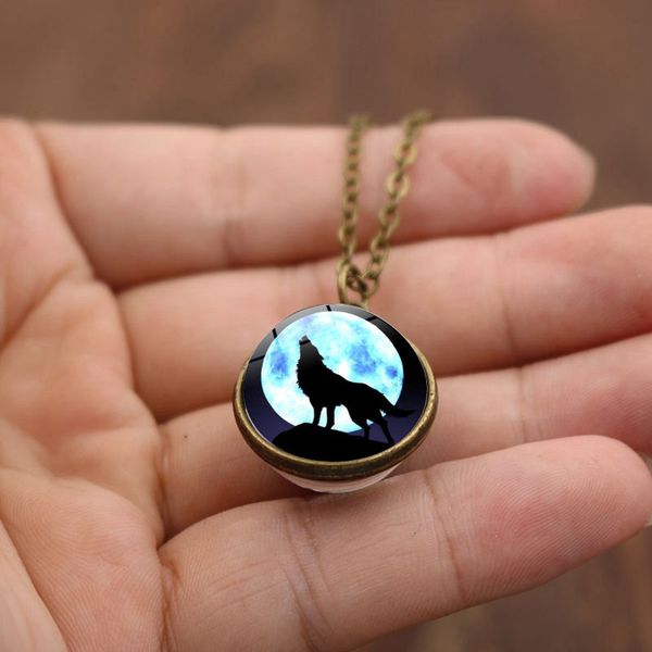

wg 1pc 12/16/18mm howling wolf moon double sided glass ball cabochon time gem&stone necklace pendant for friendship jewelry, Silver