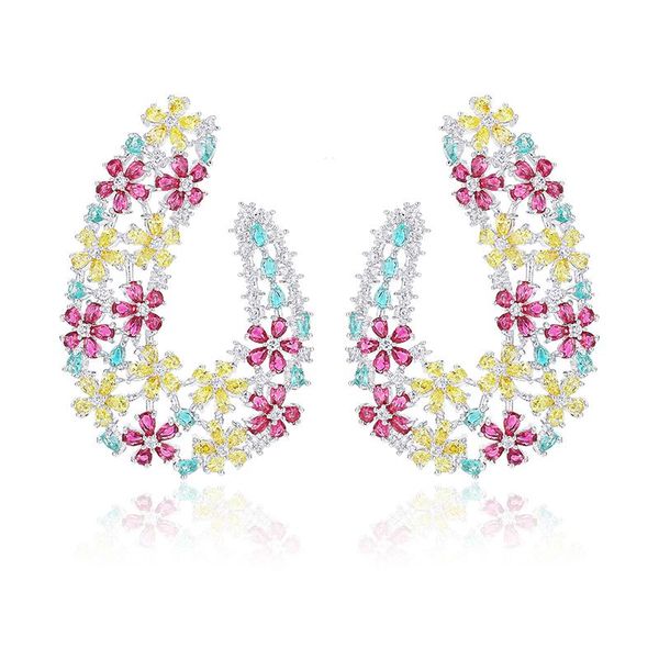 

wholesale Luxury Wedding Party Large Size Stud Earring Shining Colorful Cubic Zirconia Bloom Flower Earrings