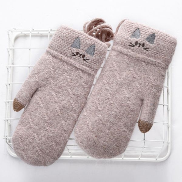

five fingers gloves elegant women wool knit embroidery mittens winter warm faux rabit fur cute cat plus velvet thicken driving d68, Blue;gray