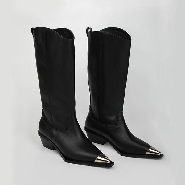 

luxury black genuine leather women boots silver bling pointed toe women knee high boots square heel slip on shoes