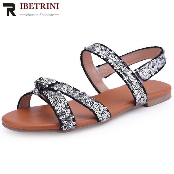 

ribetrini ретро женщины bling обувь женщины open toe назад ремень плоские сандалии 2020 твердые ручной моды классические сандалии, Black