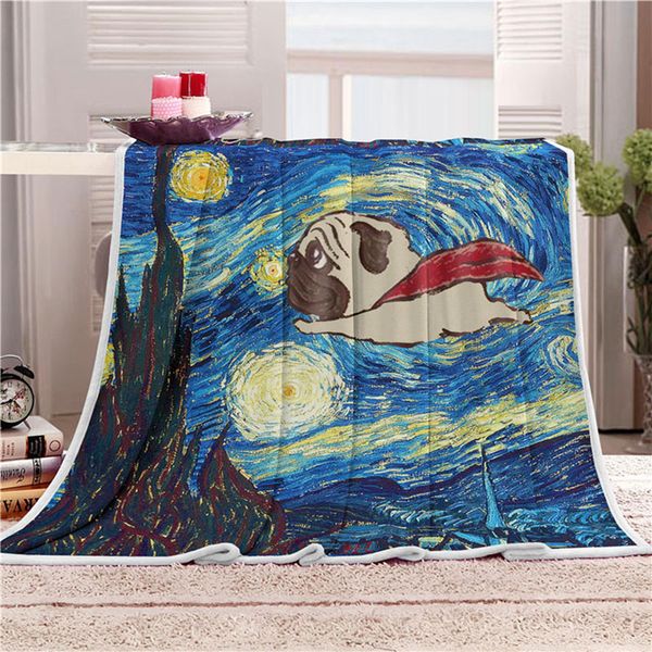 

3d cartoon dog starry sky painting blanket thicken autumn and winter warm flannel lazy blanket double-sided available
