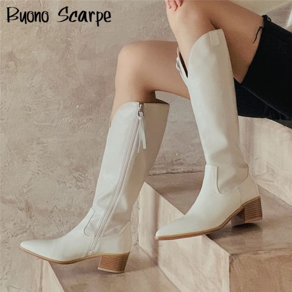 

long western boots mujer real leather autumn winter cowboy boots leather pointed toe chunky heel shoes retro zipper female shoes, Black