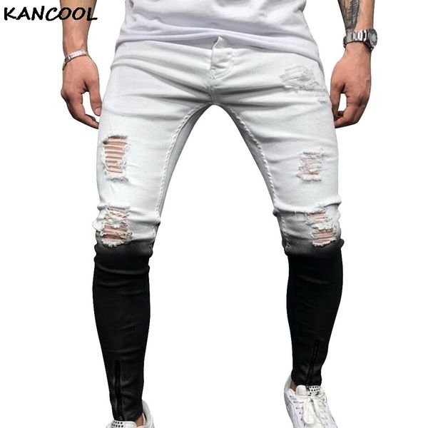 

kancool streetwear men's ripped skinny distressed destroyed slim stretch biker jeans men pants with holes full length trousers, Blue