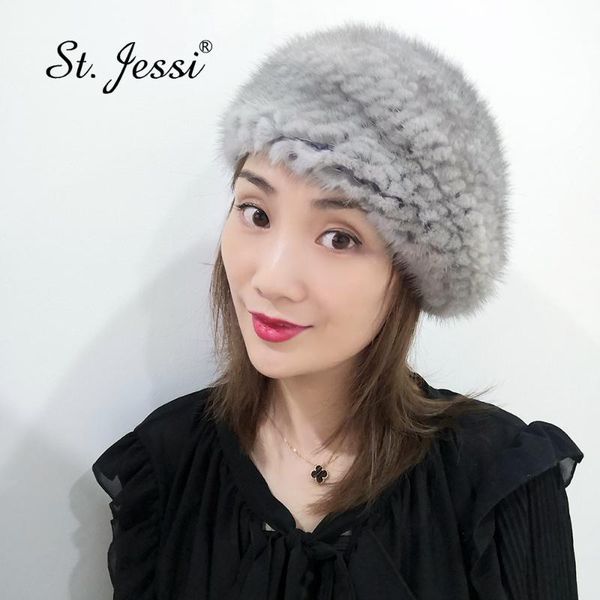 

st.jessi 2020 lady's new real natural beret cap handmade knitted luxury headgear caps wholesale retail, Blue;gray
