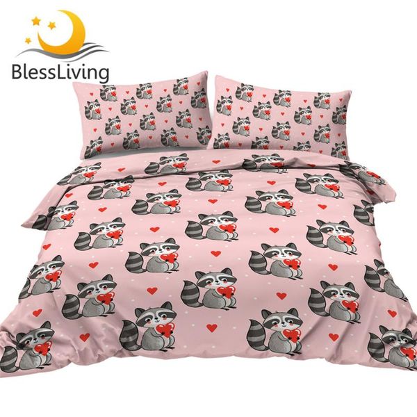 

blessliving cute raccoon bedding set animal pink duvet cover cartoon bedspreads hearts home textile for valentine's day dropship
