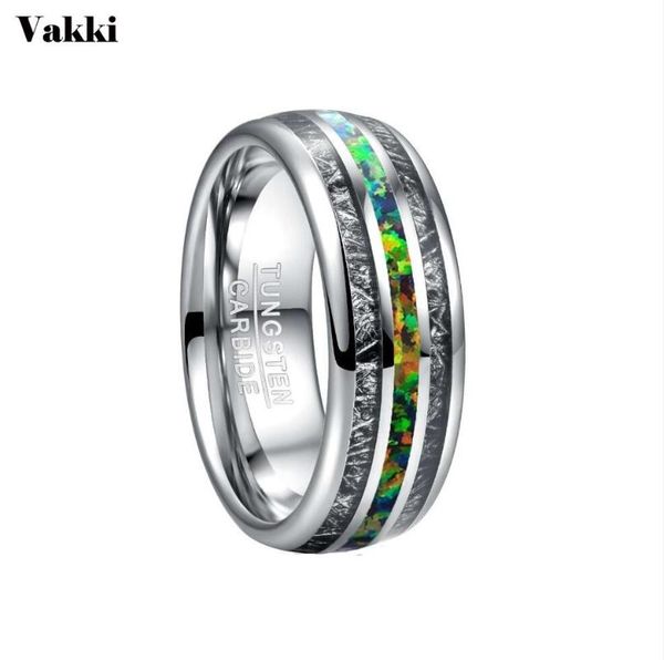

wedding rings vakki 8mm stone men's ring inlaid black meteorite green opal band engagement tungsten carbide, Slivery;golden