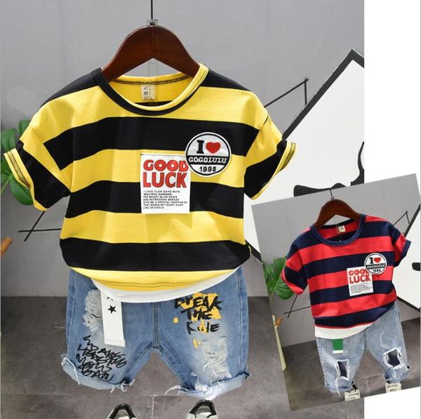 

2020 summer boys t shirt + shorts jeans 2pcs outfit kids clothes boys suit for toddler clothing set 2-6years, White