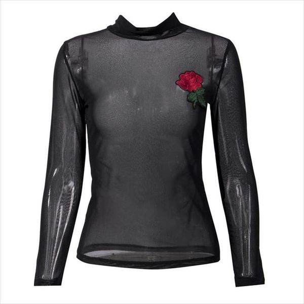 

2020 new autumn long sleeve women ladies blouses fashion turtleneck floral embroidery mesh see through slim blouses, White