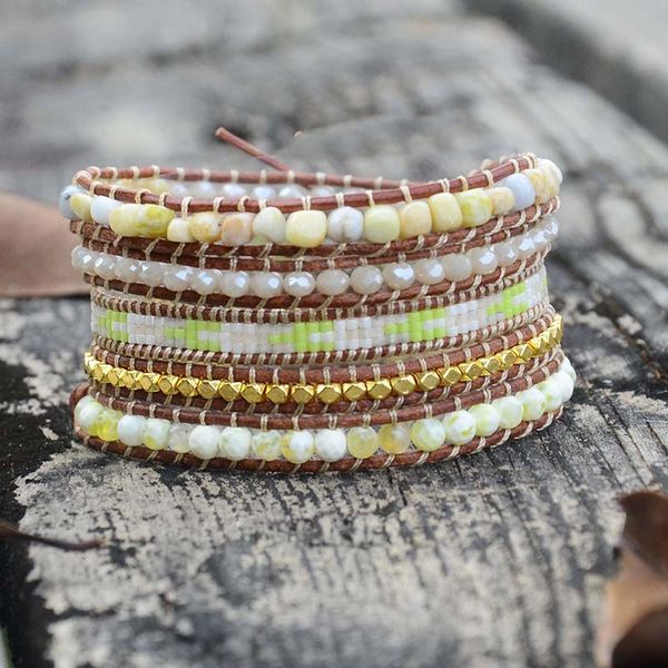 

tennis japanese miyuki seed beads bracelet lime stone leather bohemia braided wrap boho fabric dropship, Golden;silver