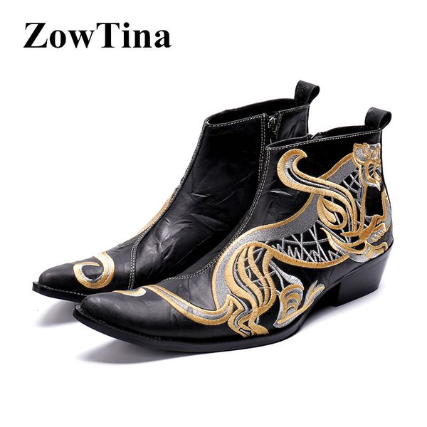 

boots men black embroidery short side zip winter ankle booties shoes for handmade real leather man combat work
