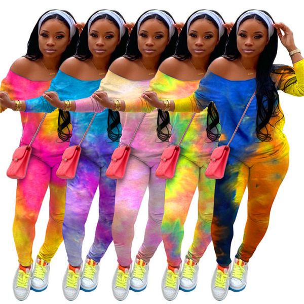 

women tie dye tracksuit 2 piece set long sleeve shirts+leggings casual jogger suits winter sports outfits plus size sportswear 3813, White