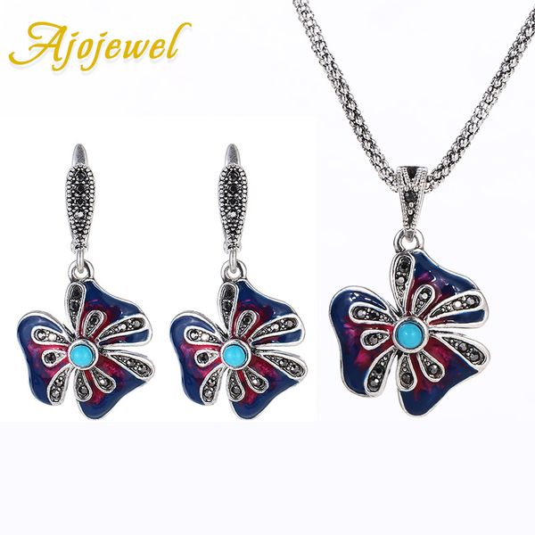 

ajojewel vintage flower jewelry sets luxury ethinc colorful earrings necklace set temperament style fashion gift, Silver
