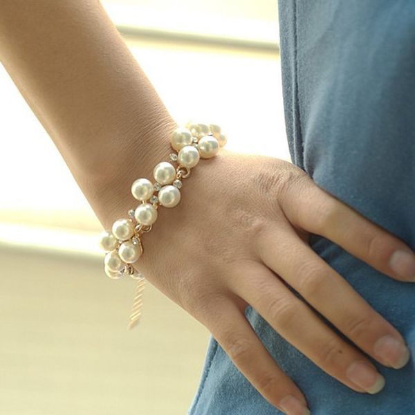 

lnrrabc charm bracelets simulated pearl crystal rhinestones beads bangle wedding jewelry accessories gift bracelets for women, Black
