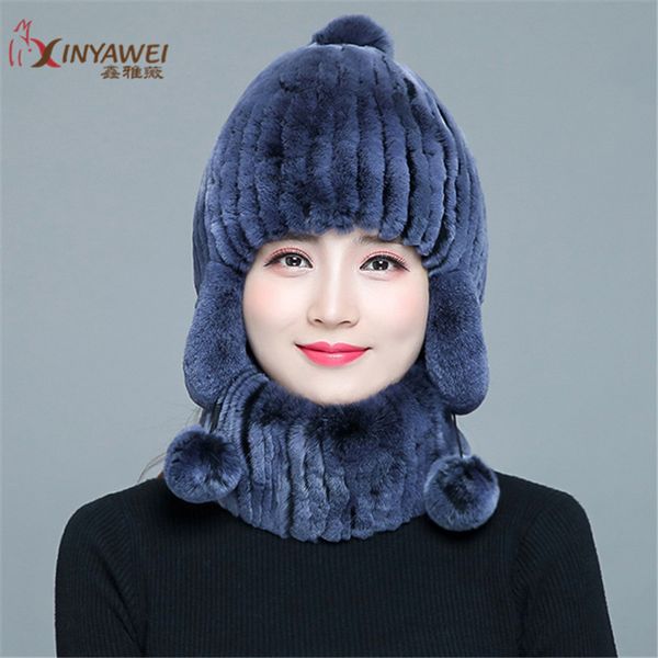 

2020 fashion women's hats and scarves rex hat scarf women's real fur hat multicolor optional, Blue;gray