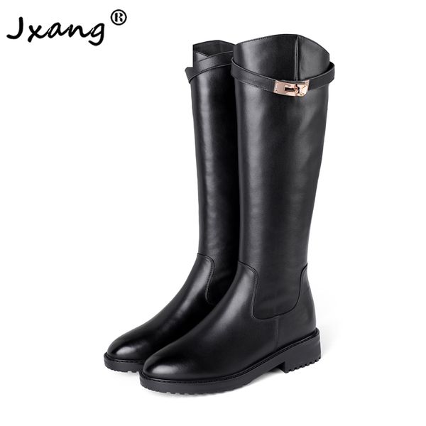 

jxang winter warm women knee-high boots metal buckle decoration platform woman ladies motorcycle boots shoes, Black
