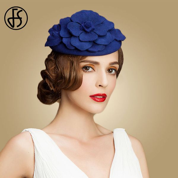 

stingy brim hats fs wool felt fall for women fascinators royal blue wedding elegant black pillbox hat with flower ladies party, Blue;gray