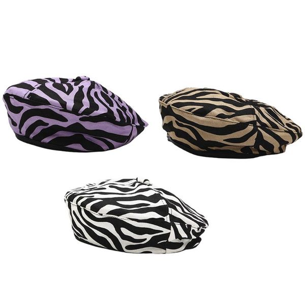 

women zebra striped cotton beret cap flat vintage painter pumpkin beanie hat, Blue;gray