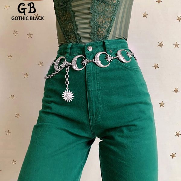 

gothblack fashion silver sun moon pants chain gothic punk high waist metal chain women vintage sliver pendant belts, Black;brown