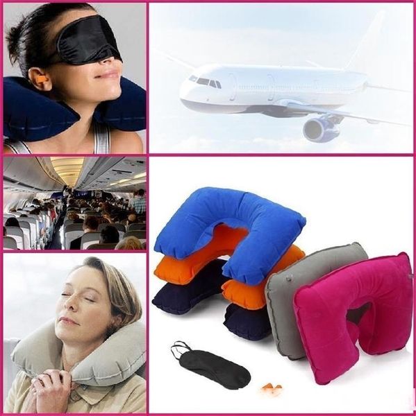 

new 3 in 1 outdoor camping car travel kit set inflatable neck rest pillow cushion black eye mask 2 ear plugs 1953