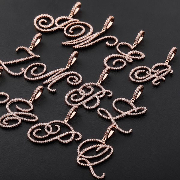 

oh new a-z cursive letters name pendant&necklace iced out cubic zircon gold silver color charm hip hop jewelry 200928