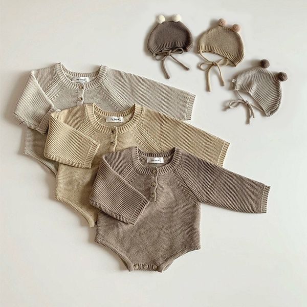 

rompers 2021 autumn toddler baby boys girls knitted bodysuit infant jumpsuit knitwear outfits born sweater and knit hat, Blue