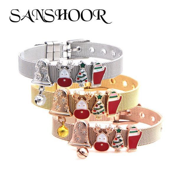 

charm bracelets sanshoor christmas gifts santa tree charms stainless steel bangle as diy women girls xmas jewelry, Golden;silver