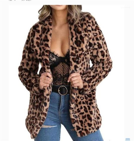 

faux fur long sleeve coats womens outerwear winter womens designer coat fashion lapel neck leopard printed, Black