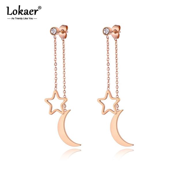 

lokaer new titanium stainless steel star & moon tassel dangle earrings for women bohemia cz crystal summer beach jewelry e20050, Silver