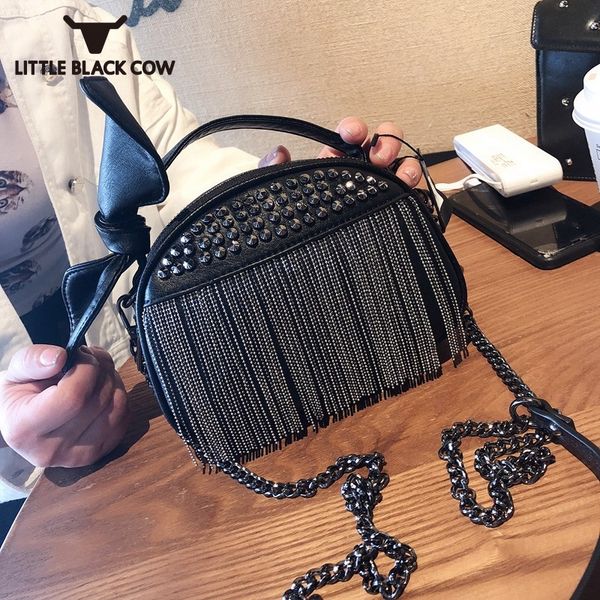 

designer chains crossbody bag women black mini phone bags fashion rivets tassel bow shoulder bags leather handbag