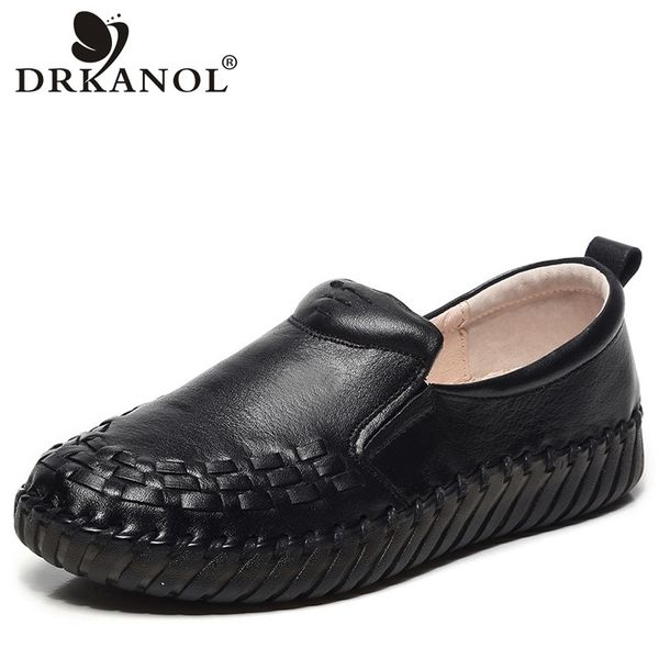 

drkanol vintage style genuine leather women loafers handmade sewing slip on flat shoes woman flats woven round toe women shoes, Black