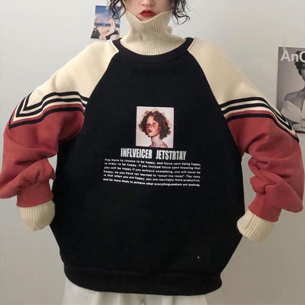 

завышение водолазка printed женская толстовка plus velvet сгущает толстовка леди осень harajuku лоскутная теплый пуловеры женский, Black
