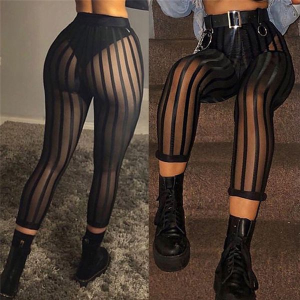 

leggings women striped mesh perspective pants knee length slim trousers club wear, Black
