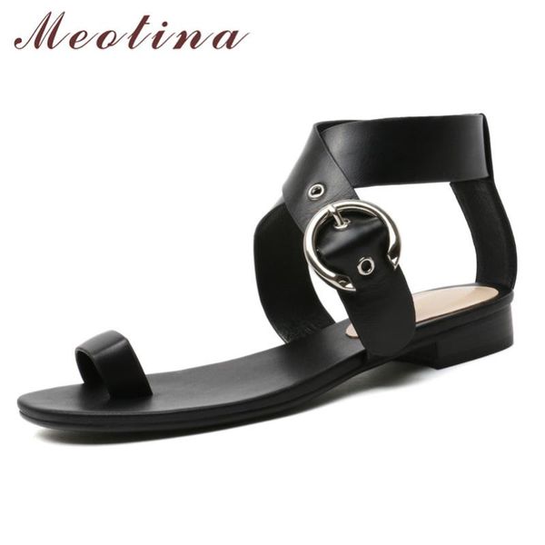 

meotina shoes women cross-strap natural genuine leather sandals buckle flip flops flat ladies footwear summer sandals black