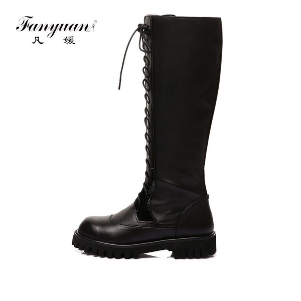 

fanyuan 2020 designer womens genuine leather low heel riding motorcycle heel knee high boots punk gothic platform lace up shoes, Black