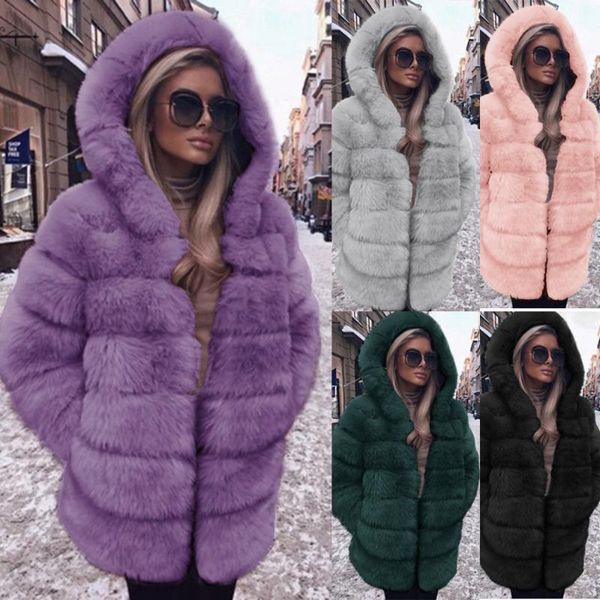 

arloneet faux fur hooded coat women winter fashion medium long artifical fur jacket warm fake coats female cd05, Blue