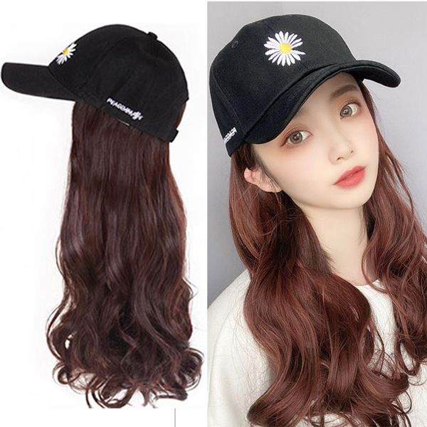 

berets yyoufu baseball cap with hair long wavy fake hat wig synthetic extensions natural hairpiece for women, Blue;gray