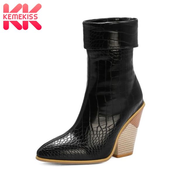 

kemekiss women ankle boots shoes pointed toe slip on shoes stone pattern western boots street foootwear winter large size 34-48, Black