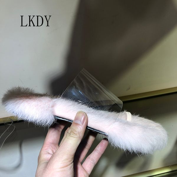 

slippers 2021 lkdy woman real wool stitching pvc transparent fashion indoor warm flat sandals, Black