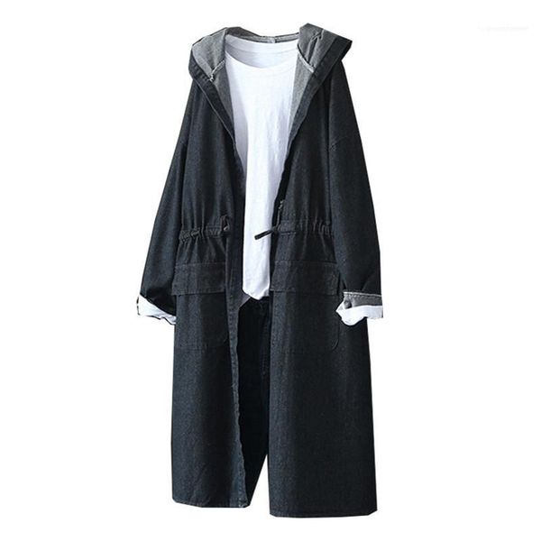 

брестед жан с капюшоном пальто женщины одежда урожай женщин дизайнер жан плащи мода большой карманы эластичный пояс одноместные, Tan;black